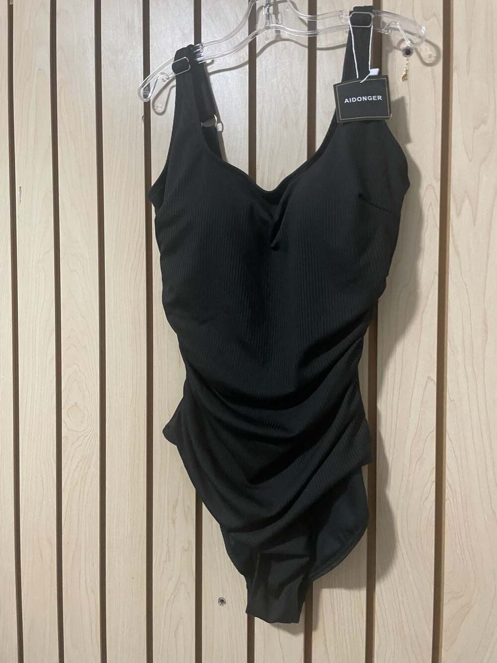 Aidonger Black Ribbed Ruched One-Piece Swimsuit Size M